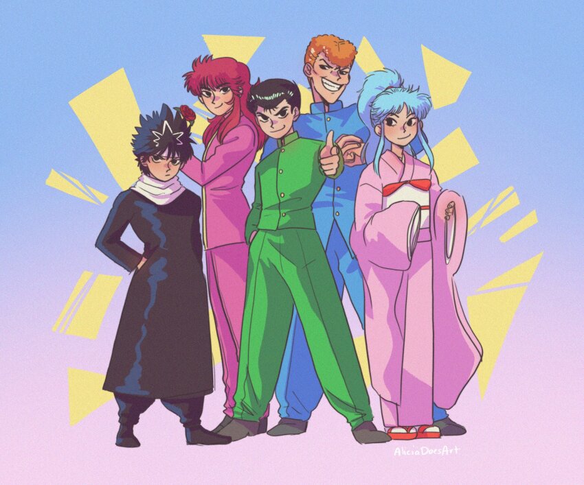 1girl 4boys alicia_rose black_hair blue_gakuran blue_hair botan_(yu_yu_hakusho) closed_mouth commentary english_commentary flower full_body gakuran green_gakuran hiei_(yu_yu_hakusho) highres holding holding_flower japanese_clothes kimono kurama_(yu_yu_hakusho) kuwabara_kazuma looking_at_viewer multiple_boys obi orange_hair pink_kimono ponytail rose sash scarf school_uniform sidelocks smile urameshi_yusuke white_scarf wide_sleeves yuu_yuu_hakusho