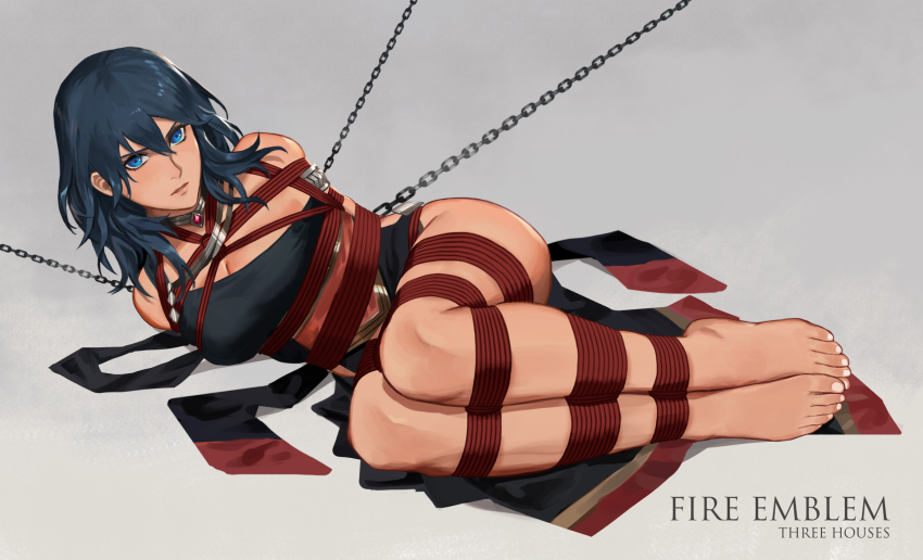 1girl barefoot bdsm blue_eyes bondage bound braid breasts chain chained cleavage dancer dancer_(fire_emblem:_three_houses) feet female_byleth_(fire_emblem) female_focus fire_emblem fire_emblem:_three_houses fire_emblem_heroes garreg_mach_monastery_uniform hair_ribbon highres kidnapped large_breasts medium_hair nintendo rainnear ribbon_braid rope shibari solo toes