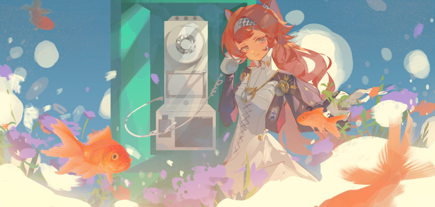1girl blue_background checkered_hairband collared_dress corded_phone dress fish flying_fish gloves goldfish green_eyes hairband hands_up high_collar highres holding holding_phone kubing_aaa long_hair orange_hair phone reverse:1999 solo sonetto_(reverse:1999) two_side_up upper_body white_dress white_gloves