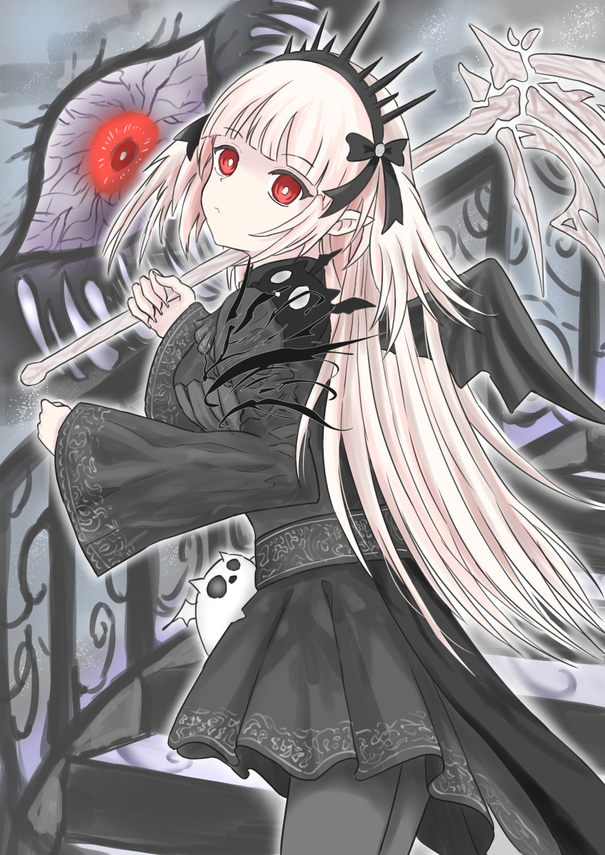 a_bao_a_qu_the_lightless_shadow absurdres bat_wings black_dress black_ribbon blunt_bangs dress duel_monster gt_majoyan highres long_hair pointy_ears red_eyes ribbon white_hair wings yu-gi-oh!