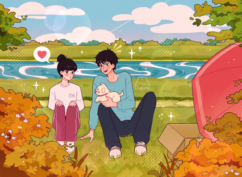 1boy 1girl absurdres animal aqua_sweater black_hair black_pants blunt_bangs blush box cardboard_box cheumi dog full_body grass hair_bun heart highres holding holding_animal holding_dog kazehaya_shouta kimi_ni_todoke kuronuma_sawako open_mouth outdoors pants pink_pants puppy shirt shoes short_hair sitting smile sneakers sparkle spoken_heart sweater track_pants umbrella white_shirt
