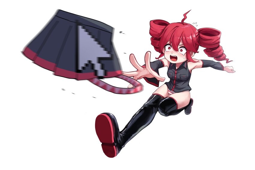 absurdres ahoge bare_shoulders black_skirt black_sleeves black_thighhighs blush boots breast_pocket breasts buttons collared_shirt commentary cursor detached_sleeves drill_hair flying_sweatdrops frills full_body hair_between_eyes highres hu2924 kasane_teto kasane_teto_(utau) open_mouth panties platform_boots platform_footwear pocket red_hair red_panties shirt simple_background skirt small_breasts striped_clothes striped_panties sweatdrop tears teeth thigh_boots thighhighs twin_drills underwear unworn_skirt upper_teeth_only utau white_background white_panties wing_collar