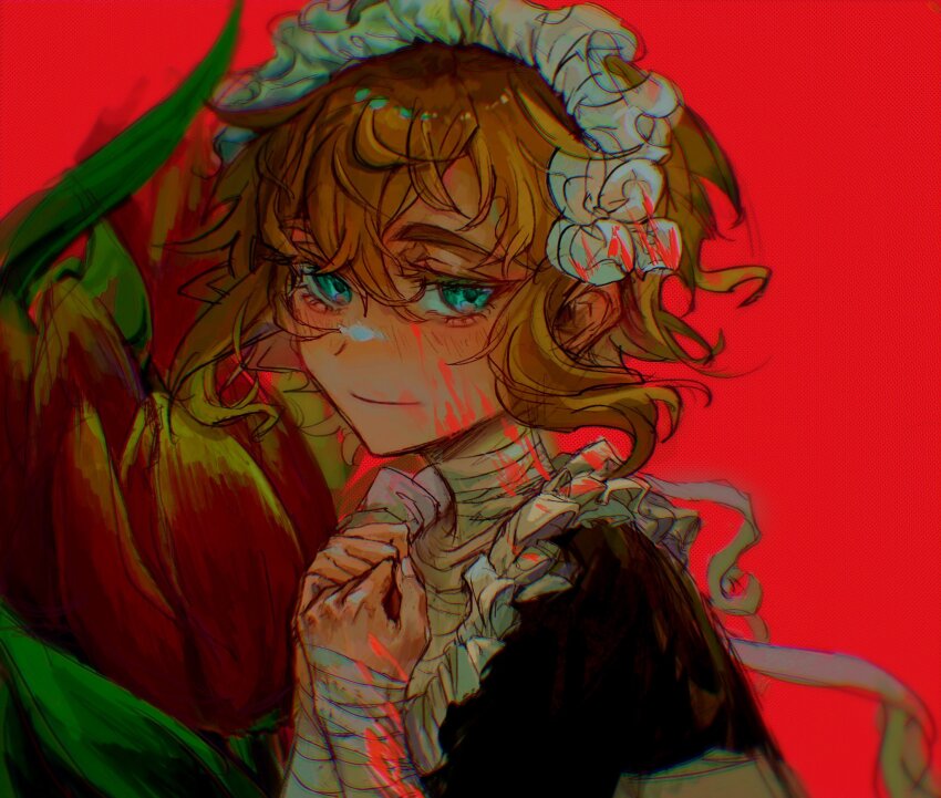 1boy aegyo_sal alternate_costume alternate_universe androgynous apron bandaged_neck bandages basil_(faraway)_(omori) basil_(omori) black_dress blonde_hair blood blood_on_cheek blood_on_clothes blood_on_face blood_on_hands blue_eyes chromatic_aberration clenched_hands closed_mouth commentary double-parted_bangs dress empty_eyes english_commentary enmaided eyelashes fingernails flower frilled_apron frills glowing hair_between_eyes hands_on_own_chest headdress highres leaf maid maid_apron maid_headdress male_focus omori own_hands_together red_background red_flower red_tulip rose_(big_roseee) sidelocks simple_background smile solo tulip upper_body white_apron white_headdress