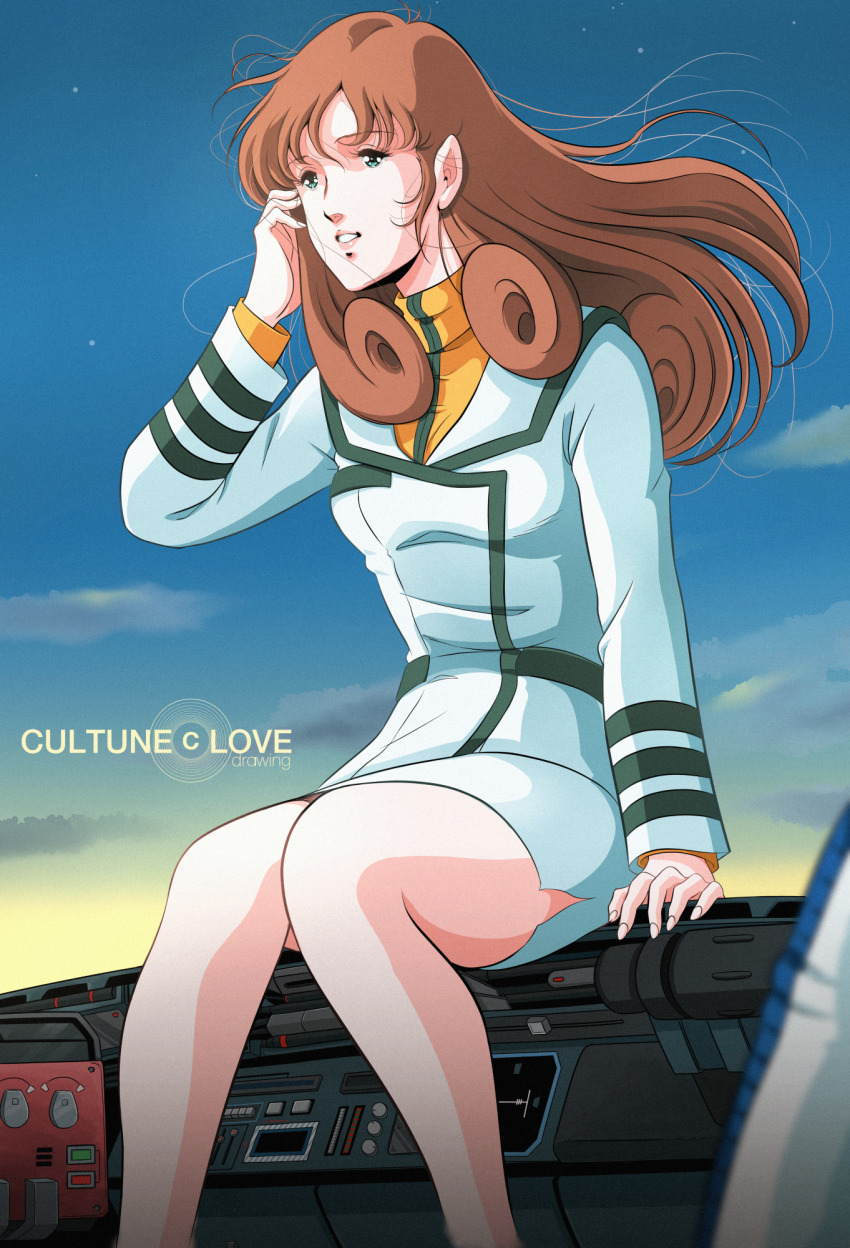 1980s_(style) 1boy 1girl blue_sky blurry blurry_foreground choujikuu_yousai_macross cloud cockpit commentary_request couple english_text good_end hayase_misa highres ichijou_hikaru legs macross military_uniform official_style oldschool retro_artstyle robotech skirt sky spoilers variable_fighter vf-1 waeba_yuusee