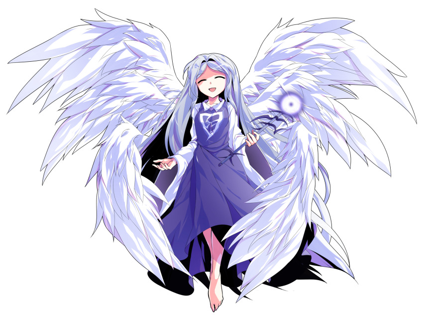 1girl ^_^ alphes_(style) angel angel_wings barefoot blue_hair breasts closed_eyes closed_mouth collarbone collared_shirt commentary_request dairi dress feathered_wings full_body genderswap genderswap_(otf) hair_intakes highres holding holding_scepter left-handed long_hair long_sleeves multiple_wings open_mouth parody parted_bangs purple_dress sariel_(touhou) scepter seraph shirt smile solo style_parody tachi-e touhou touhou_(pc-98) transparent_background very_long_hair white_wings wide_sleeves wings
