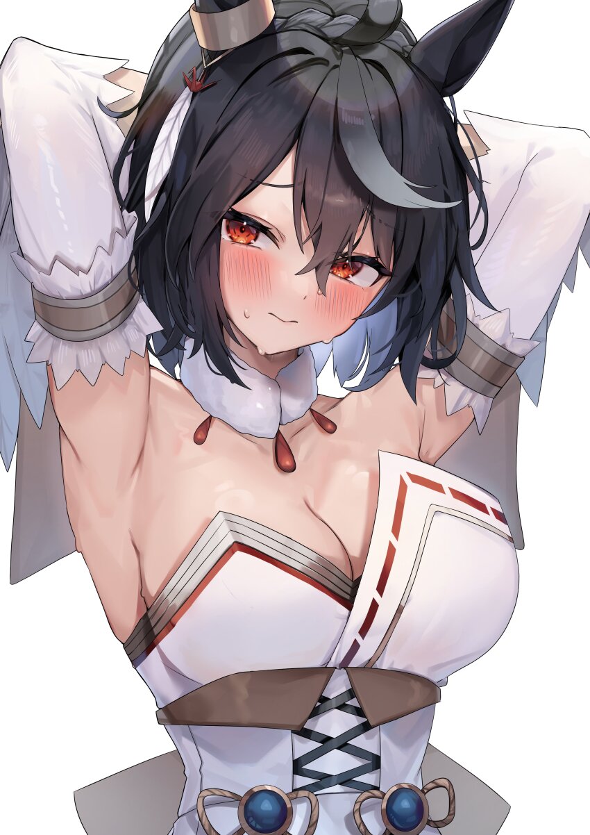 1girl absurdres animal_ears armpits arms_behind_head arms_up bare_shoulders black_hair blush closed_mouth detached_sleeves dress ear_ornament frilled_kimono frills fur_choker hair_between_eyes highres horse_ears horse_girl japanese_clothes kimono kitasan_black_(jubilant_star_auspicious_crane)_(umamusume) kitasan_black_(umamusume) kuroshiro_kanae looking_at_viewer multicolored_hair official_alternate_costume red_eyes ribbon-trimmed_kimono ribbon_trim short_hair simple_background solo strapless strapless_dress streaked_hair sweat umamusume upper_body white_background white_dress white_hair