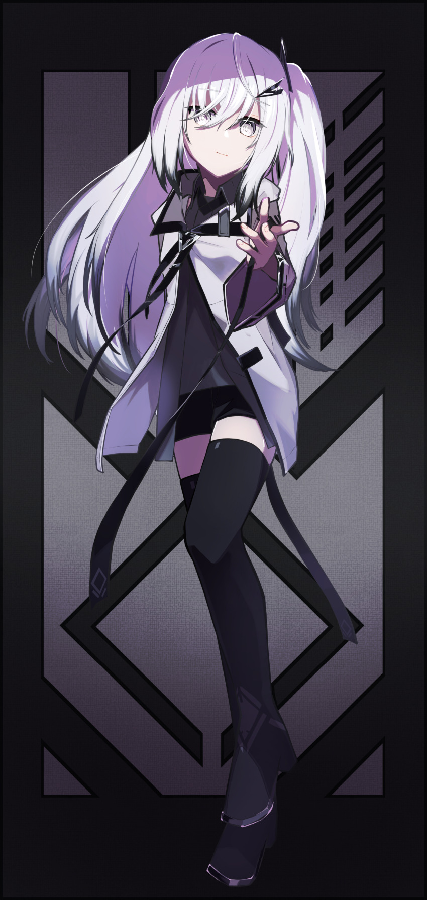 1girl absurdres allial_(coefont) arm_at_side black_background black_boots black_shorts boots closed_mouth coefont collared_shirt floating_hair full_body gradient_hair grey_hair grey_shirt hair_between_eyes hair_ornament hairclip highres hood hood_down hooded_jacket jacket long_hair long_sleeves looking_at_viewer multicolored_hair open_hand outstretched_arm partially_unzipped reaching reaching_towards_viewer shirt shorts side_ponytail sleeveless sleeveless_shirt smile solo teckinder thigh_boots two-tone_background white_background white_hair white_jacket