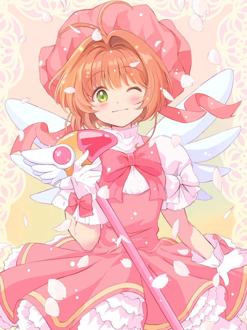 1girl andanden blush bow bowtie brown_hair cardcaptor_sakura closed_mouth commentary_request cowboy_shot dress falling_petals frilled_dress frilled_sleeves frills gloves gradient_background green_eyes hair_intakes hand_up hashtag-only_commentary hat highres holding holding_staff kinomoto_sakura kinomoto_sakura_(magician) looking_at_viewer magical_girl medium_hair one_eye_closed petals pink_bow pink_bowtie pink_dress pink_hat pink_ribbon pleated_dress puffy_short_sleeves puffy_sleeves ribbon short_sleeves sidelocks smile solo staff white_gloves white_petals white_wings wings