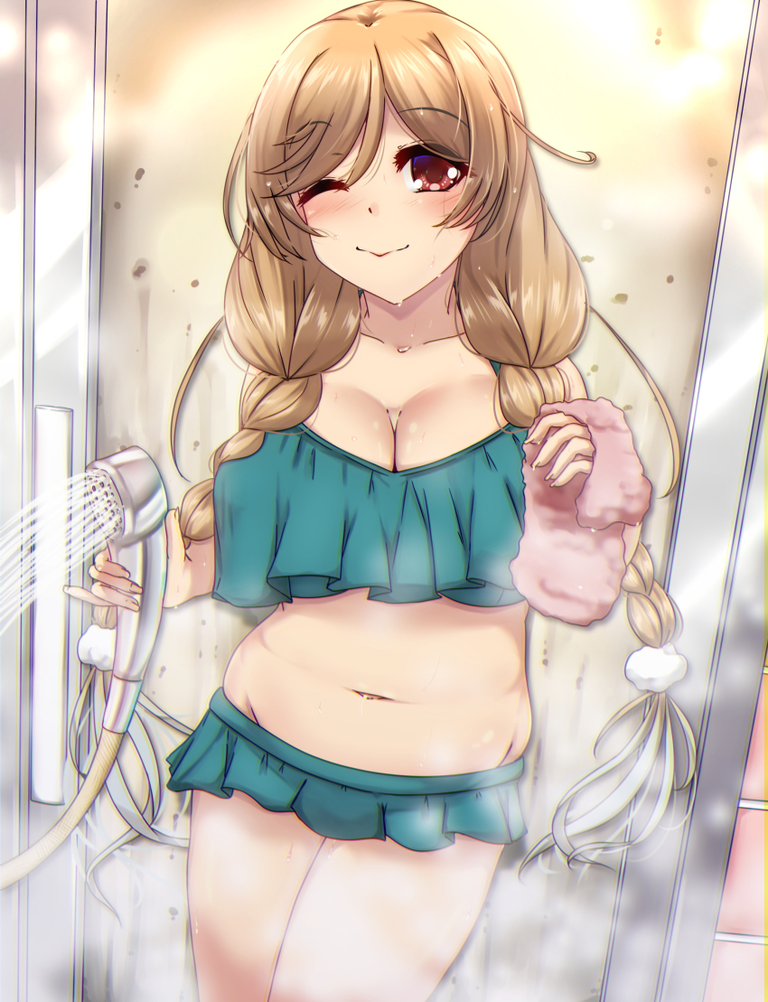 1girl absurdres bikini braid breasts cleavage cloud_hair_ornament cosplay frilled_bikini frills green_bikini grey_hair highres holding holding_shower_head indoors kantai_collection kasumi_(kancolle) kasumi_(kancolle)_(cosplay) kasumi_kai_ni_(kancolle) kasumi_kai_ni_(swimsuit)_(kancolle) large_breasts light_brown_hair long_hair looking_at_viewer low_twin_braids minegumo_(kancolle) navel plump red_eyes shigatsu_(soratobuusagi) shower_(place) shower_head smile solo standing swimsuit twin_braids very_long_hair wet