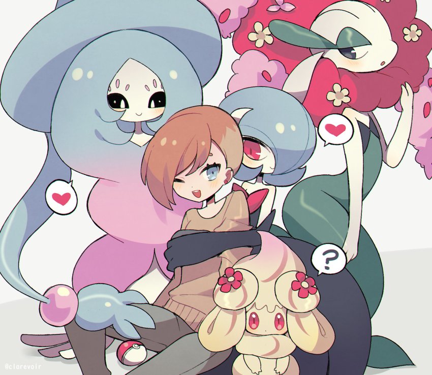 4girls ? absurdly_long_hair alcremie alcremie_(flower_sweet) alcremie_(ruby_swirl) aliceyawnin alternate_color arched_back artist_name bare_shoulders black_dress black_eyes black_gloves black_sclera blue_background blue_eyes blue_hair blue_headwear blush bob_cut brown_hair brown_sweater closed_mouth colored_sclera colored_skin commission dress earrings elbow_gloves female_focus florges florges_(red_flower) flower gardevoir gen_3_pokemon gen_6_pokemon gen_8_pokemon gloves gradient_hair grey_pants hair_over_one_eye half-closed_eyes hand_up happy hat hatterene heart highres hug hug_from_behind jewelry jpeg_artifacts long_hair long_sleeves looking_at_another looking_at_viewer looking_down mega_gardevoir mega_pokemon monster_girl multicolored_hair multiple_girls nintendo one_eye_closed open_mouth original pants pink_flower pink_hair plant_girl poke_ball poke_ball_(basic) pokemon pokemon_(creature) red_eyes red_flower red_hair shiny_pokemon simple_background sitting slit_pupils smile speech_bubble spoken_heart spoken_question_mark standing strapless strapless_dress sweater teeth twitter_username two-tone_background two-tone_hair very_long_hair watermark white_eyes white_skin witch_hat yellow_flower