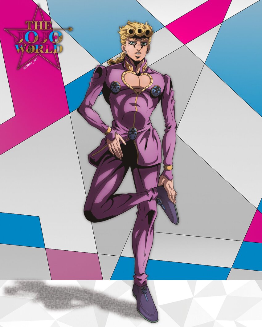 1boy anime_coloring blonde_hair blue_shoes braid cleavage_cutout clothing_cutout commentary earrings english_commentary full_body genda_art giorno_giovanna green_eyes hand_on_own_foot hand_on_own_hip heart_cutout high_collar highres jacket jewelry jojo_no_kimyou_na_bouken ladybug_ornament logo long_sleeves looking_at_viewer male_focus official_style pants parted_lips pectoral_cleavage pectorals pink_jacket pink_pants purple_shoes shoes single_braid solo standing standing_on_one_leg stud_earrings teeth vento_aureo wing_ornament