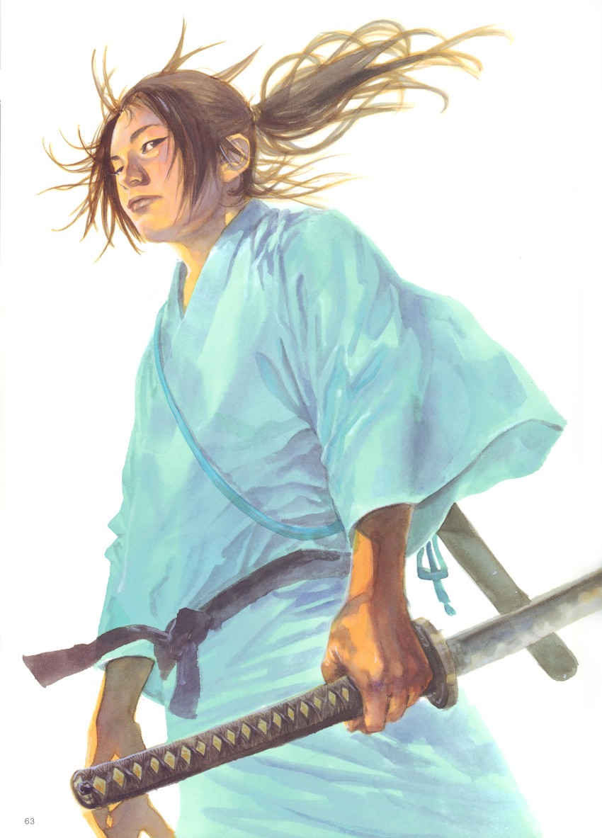 absurdres belt brown_eyes brown_hair flying_hair highres holding inoue_takehiko japanese_clothes katana kimono long_hair male_focus sabre sasaki_kojirou sheath simple_background standing sword vagabond weapon