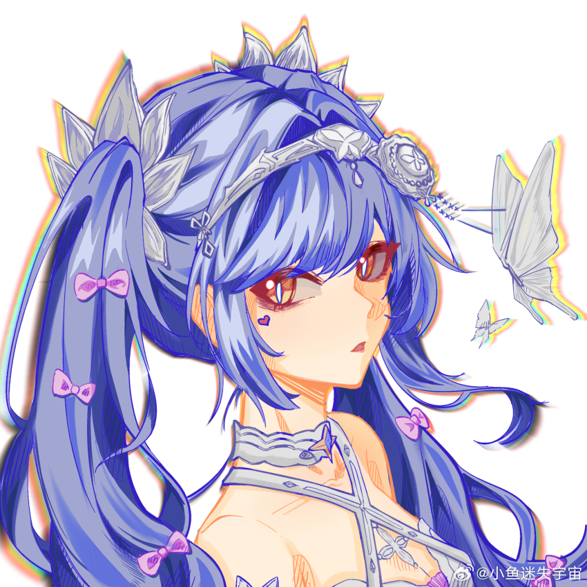 1girl azusa_(vtuber) virtuareal_link blue_hair bug butterfly collar hair_ribbon hairband halterneck highres insect long_hair looking_at_viewer looking_to_the_side nijisanji orange_eyes portrait ribbon sidelocks solo twintails virtual_youtuber virtuareal watermark weibo_username weibo_watermark white_collar white_hairband xiaoyu_mishi_yuzhou