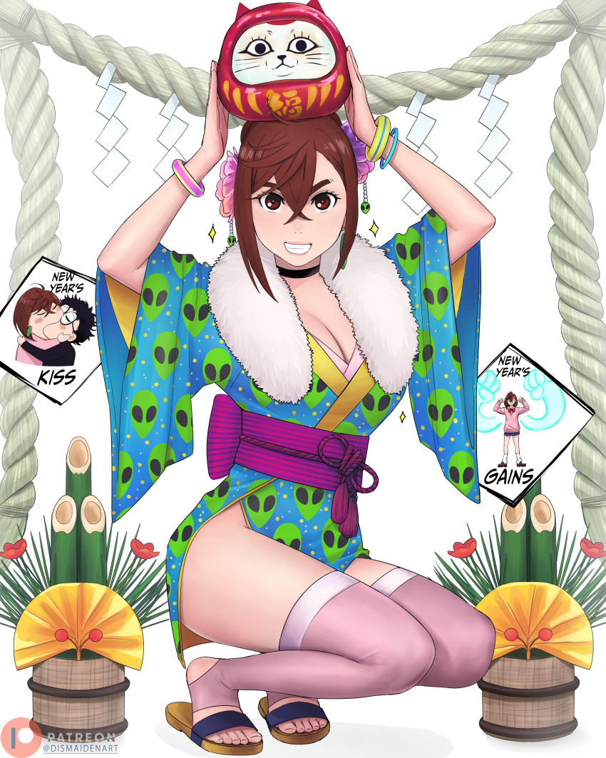 1boy 1girl absurdres alien_print ayase_momo bamboo black_choker blue_kimono bracelet breasts choker cleavage dandadan dismaiden fur_scarf grin hetero highres holding japanese_clothes jewelry kimono kiss large_breasts looking_at_viewer meme new_year patreon_logo patreon_username pink_thighhighs print_kimono sandals smile squatting takakura_ken_(dandadan) teeth thighhighs turbo_granny_(dandadan) yoshi_and_toad_kissing_(meme)