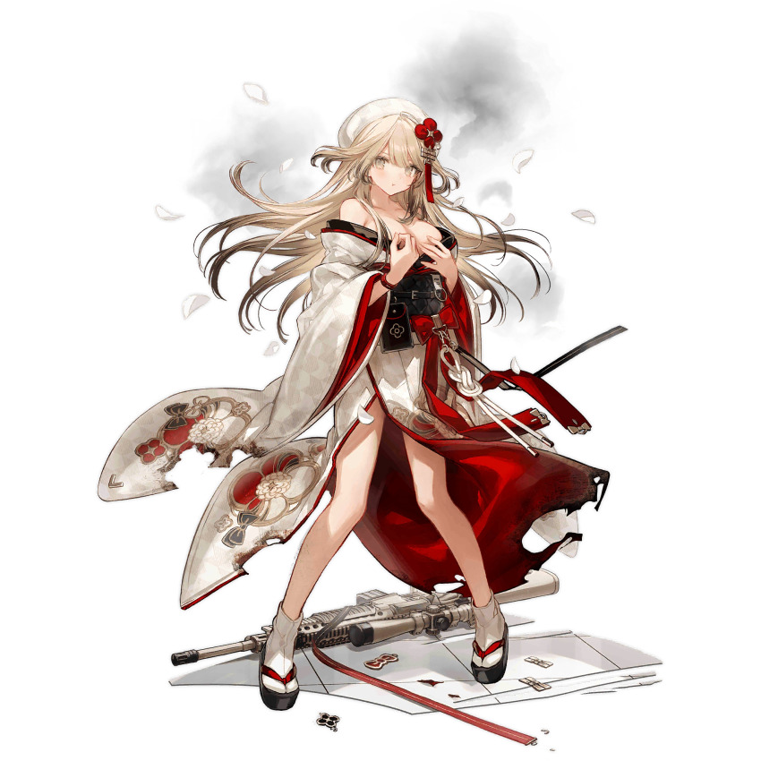 1girl :t beret black_bag black_hair black_sandals black_sash black_shawl blonde_hair bow_print breasts burnt_clothes chocoan cleavage closed_mouth colored_tips covering_breasts covering_privates falling_petals floral_print floral_print_kimono full_body fur_shawl girls&#039;_frontline gradient_hair grey_eyes gun hat highres japanese_clothes kimono knees_together_feet_apart large_breasts layered_kimono light_blush long_hair long_sleeves looking_at_viewer m110_(girls&#039;_frontline) m110_(honorable_spirit_in_red)_(girls&#039;_frontline) m110_sass multicolored_hair obi off_shoulder official_alternate_costume official_art okobo petals platform_sandals pouch pout print_kimono red_kimono rifle sandals sash shawl simple_background smoke sniper_rifle socks solo standing tabi third-party_source tile_floor tiles transparent_background very_long_hair weapon weapon_on_floor white_hat white_kimono white_petals white_socks wide_sleeves