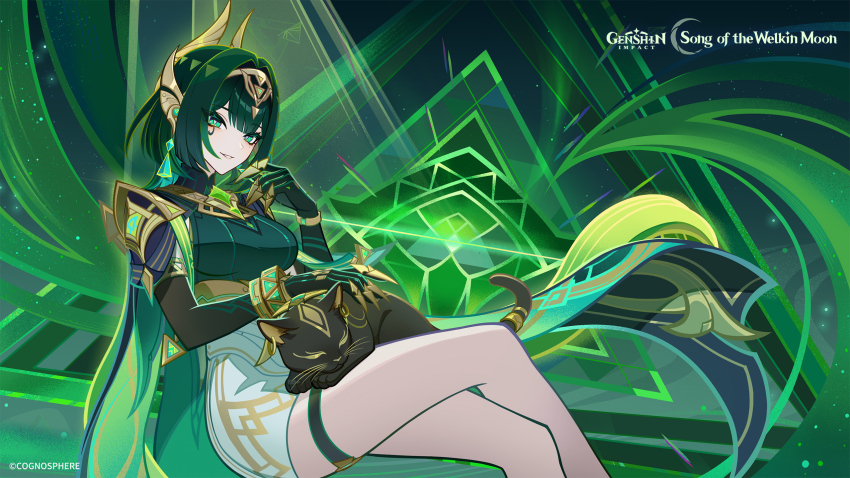 1girl black_cat black_gloves bracelet cat claw_ring commentary crossed_legs dress elbow_gloves english_commentary genshin_impact gloves green_eyes green_hair green_theme hand_up highres jewelry long_hair looking_at_viewer mole mole_under_eye nefer_(genshin_impact) official_art parted_lips sitting smile solo symbol-shaped_pupils triangle-shaped_pupils