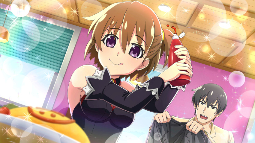 1boy 1girl ;q akasaka_mamoru akasaka_miyuki angel_mort black_hair black_jacket black_leotard black_sleeves blurry bottle brown_hair brown_jacket cherry_tomato depth_of_field detached_collar detached_sleeves dutch_angle food game_cg hair_between_eyes highres higurashi_no_naku_koro_ni higurashi_no_naku_koro_ni_mei holding holding_bottle holding_jacket holding_unworn_clothes indoors jacket ketchup ketchup_bottle lens_flare leotard looking_at_another looking_at_food non-web_source official_art omelet omurice one_eye_closed one_side_up open_mouth purple_eyes restaurant short_hair sparkle sweatdrop teeth tomato tongue tongue_out unworn_jacket upper_body upper_teeth_only waitress window