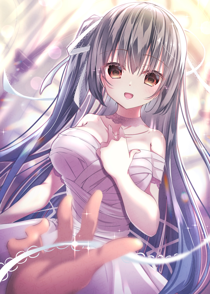 1girl 1other :d absurdres bandaged_chest bare_shoulders black_hair blurry blurry_background blush breasts brown_eyes collarbone commentary_request cowboy_shot depth_of_field dutch_angle eyelashes hair_between_eyes hair_ribbon hand_up happy highres holding holding_ribbon honma_misuzu large_breasts long_hair looking_at_viewer one_side_up open_mouth pov pov_hands ribbon sakura_no_toki sakura_no_uta skirt smile solo_focus sparkle straight_hair sukonbu385 very_long_hair watermark white_ribbon white_skirt