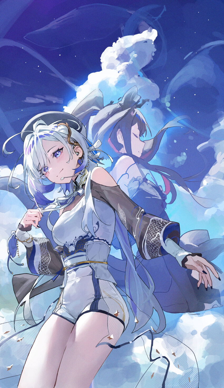 2girls absurdres airi_kanna blue_hair blue_nails blue_sky brown_hair closed_mouth clothing_cutout cloud cloudy_sky dragon_girl dragon_horns dress hebi_(vtuber) highres horns indie_virtual_youtuber long_hair long_sleeves looking_to_the_side mac_star multicolored_hair multiple_girls shoulder_cutout sky smile stellive streaked_hair virtual_youtuber voice_actor_connection white_hair