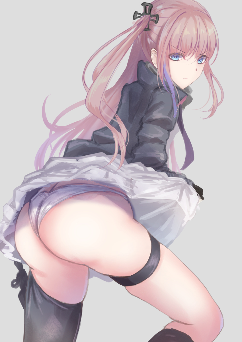 &gt;:( 1girl absurdres ar-15 ass asymmetrical_legwear black_dress black_gloves blue_eyes disgust dress girls&#039;_frontline gloves gun highres lifting_own_clothes looking_at_viewer martinreaction one_side_up panties pink_hair rifle solo st_ar-15_(girls&#039;_frontline) underwear v-shaped_eyebrows weapon white_panties