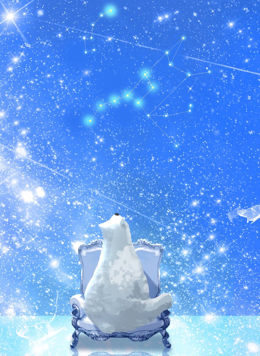 animal armchair bear big_dipper blue_sky chair commentary_request constellation diffraction_spikes highres ice makoron117117 manta_ray name_connection no_humans object_namesake on_chair original outdoors polar_bear polaris_(star) scenery sky sky_focus star_(sky) starry_sky ursa_major_(constellation) ursa_minor_(constellation)