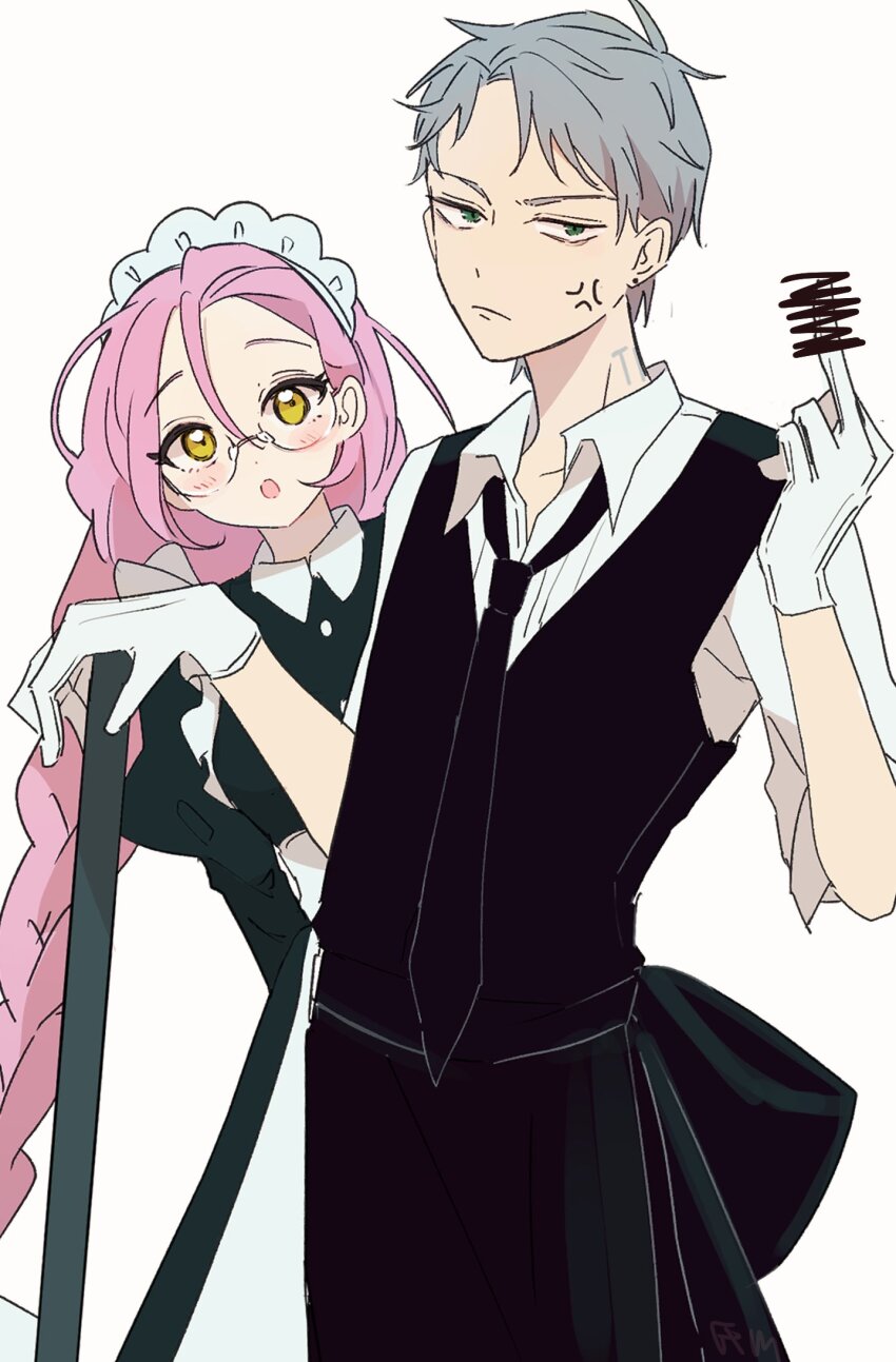1boy 1girl :o alien_stage anger_vein apron black_apron black_dress black_necktie black_vest braid censored collared_shirt commentary dress gloves green_eyes grey_hair highres long_hair maid maid_headdress middle_finger mizi_(alien_stage) necktie official_alternate_costume open_mouth pink_hair scribble_censor shirt short_hair till_(alien_stage) very_long_hair vest viga_uzk white_gloves white_shirt yellow_eyes