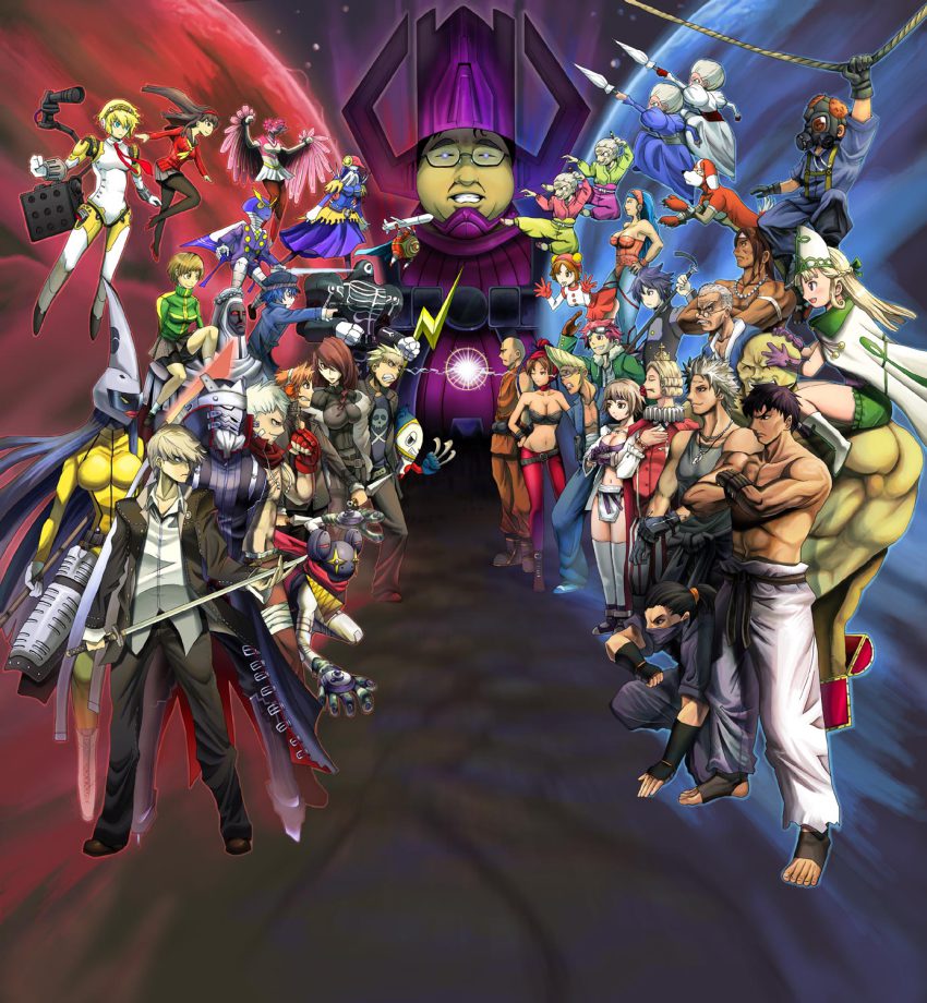6+boys 6+girls aigis_(persona) amagi_yukiko angela_belti annie_hamilton artemisia_(megami_tensei) atlus black_hair blonde_hair blue_hair breasts brown_eyes brown_hair capcom character_request company_connection confrontation elizabeth_belti everyone fantastic_four galactus glasses gouketsuji_ichizoku gouketsuji_otane gouketsuji_oume hair_over_one_eye hanamura_yousuke hananokouji_kurara hat hattori_saizou hattori_takumi headphones highres jiraiya_(persona_4) joumon_hikaru keith_wayne kirijou_mitsuru kokuuin_kanji konohana_sakuya_(persona) kuma_(persona_4) kuno_buntarou kuno_shintarou large_breasts long_hair marvel marvel_vs._capcom marvel_vs._capcom_3 matrimelee medium_breasts multiple_boys multiple_girls narukami_yu neck_ruff one_eye_closed ooyama_reiji ooyama_rin pantyhose parody persona persona_3 persona_4 persona_4:_the_ultimate_in_mayonaka_arena poochy prince_(gouketsuji_ichizoku) princess_sissy promotional_art purple_hair red_eyes red_hair sanada_akihiko sandra_belti satonaka_chie saturn-freak sega shin_megami_tensei shirogane_naoto smile sword take-mikazuchi tatsumi_kanji thin_nen tomoe_(persona_4) weapon white_buffalo white_hair wink