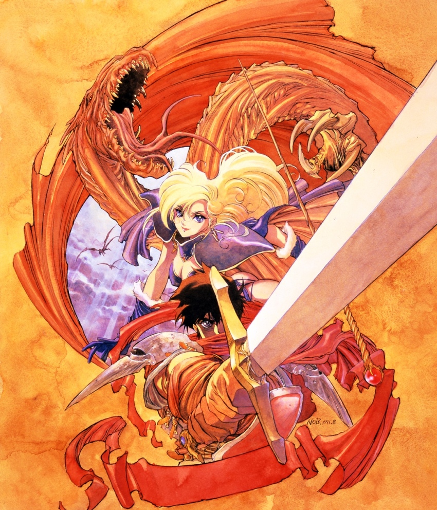 1boy 1girl ares_(brandish) armor blonde_hair blue_eyes brandish brown_hair cape dela_delon dragon elbow_gloves fantasy gloves highres holding holding_staff holding_sword holding_weapon knight long_hair monster orb pauldrons pointing_melee_weapon pointing_sword purple_cape purple_gloves retro_artstyle sharp_teeth short_hair shoulder_armor staff sword teeth warrior wavy_hair weapon yuuki_nobuteru
