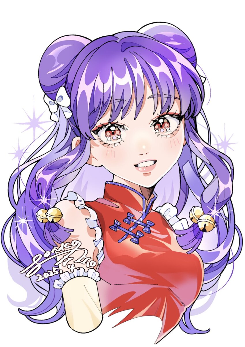 1girl bell blush chinese_clothes commentary_request double_bun dress hair_bell hair_bun hair_ornament highres long_hair looking_at_viewer pink_lips ponko517 purple_hair ranma_1/2 red_dress shampoo_(ranma_1/2) sidelocks signature simple_background solo sparkle upper_body white_background