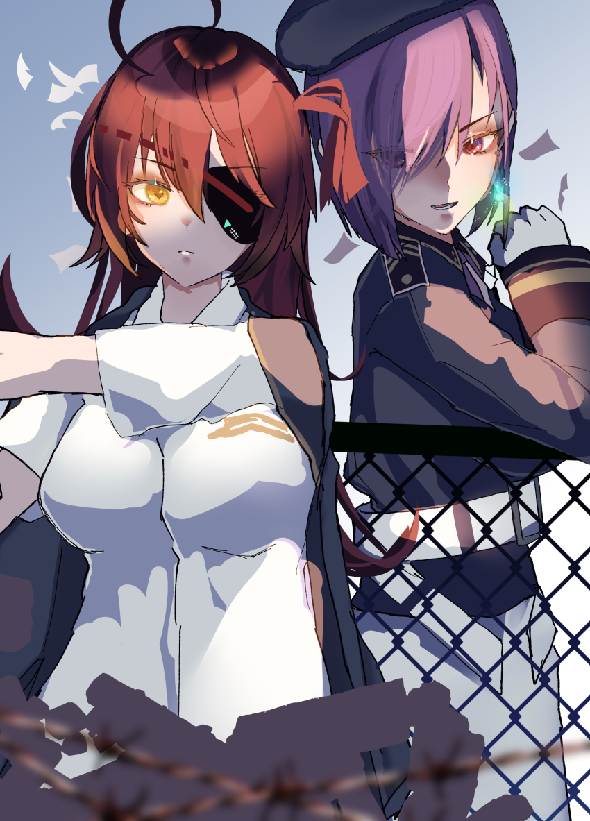 108shizuku 2girls absurdres ahoge asami_makiko_(heaven_burns_red) breasts collared_shirt earrings eyepatch heaven_burns_red highres jacket jacket_on_shoulders jewelry large_breasts long_hair multiple_girls purple_hair red_eyes red_hair shirt short_hair single_earring tezuka_saki white_shirt yellow_eyes