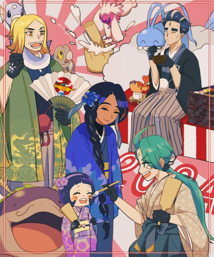 2024 2boys 3girls ^_^ altaria artist_name bird black_eyes black_gloves black_hair blonde_hair blue_kimono blue_skin border bowl braid clodsire closed_eyes closed_mouth cloud colored_skin commentary_request dark-skinned_female dark_skin dratini eating eyelashes fish flower folding_fan food frigibax geeta_(pokemon) gen_1_pokemon gen_3_pokemon glimmora gloves green_hair hair_flower hair_ornament hairband hakama hammer hand_fan haori hassel_(pokemon) head_wings highres holding holding_bowl holding_fan holding_paintbrush japanese_clothes kimono kneeling larry_(pokemon) light_rays long_hair medium_hair multiple_boys multiple_girls new_year nintendo noodles oolongpiroo open_mouth paintbrush pokemon pokemon_(creature) pokemon_sv poppy_(pokemon) purple_flower purple_hairband purple_kimono red_border red_sun rika_(pokemon) scared short_hair single_braid sitting smile snake sunbeam sunlight tail tatsugiri tatsugiri_(curly) teeth thick_eyebrows tinkaton twitter_username wings yellow_eyes