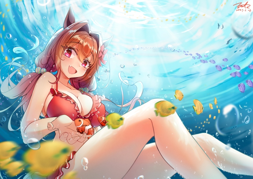 1girl :d animal_ears artist_name bare_shoulders bikini breasts brown_hair cleavage clownfish collarbone commentary daiwa_scarlet_(trifle_vacation)_(umamusume) daiwa_scarlet_(umamusume) dated fang fish fritz614 hair_intakes highres horse_ears horse_girl large_breasts long_hair looking_at_viewer official_alternate_costume open_mouth red_bikini signature skin_fang smile solo swimsuit twintails umamusume underwater very_long_hair