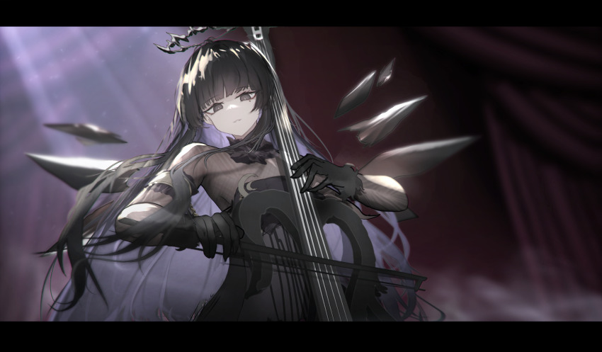 1girl absurdres arknights black_dress black_gloves black_hair black_wings blurry blurry_background brown_shoes cello commentary_request curtains depth_of_field detached_wings dress gloves grey_eyes halo highres holding holding_instrument instrument long_hair long_sleeves looking_at_viewer mebe_(teadia_violet) multicolored_hair purple_hair shoes solo two-tone_hair upper_body very_long_hair virtuosa_(arknights) virtuosa_(diversity_oneness)_(arknights) wings