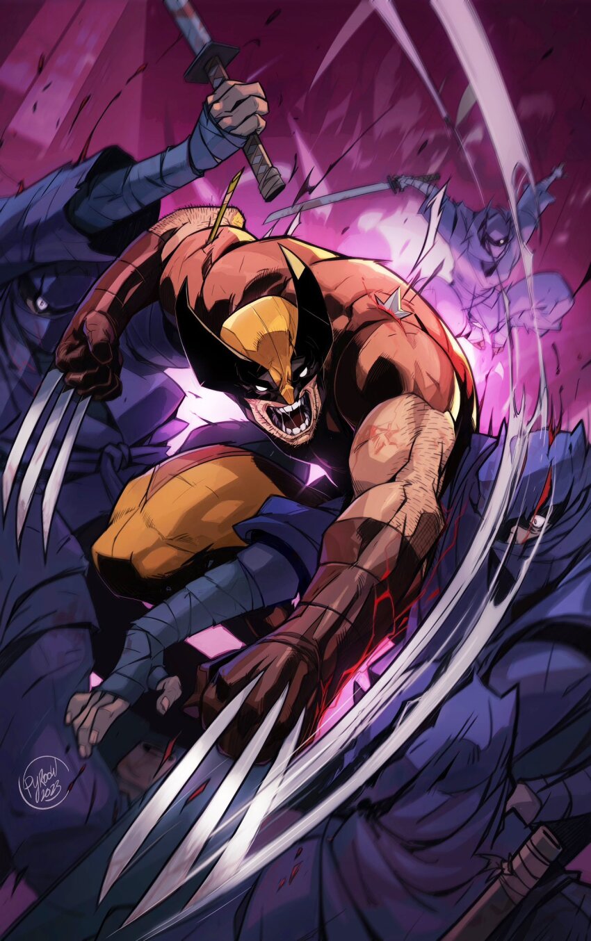 bodysuit claws facial_hair fighting_stance hicham_habchi highres male_focus marvel mask muscular muscular_male superhero_costume two-tone_bodysuit wolverine_(x-men) x-men