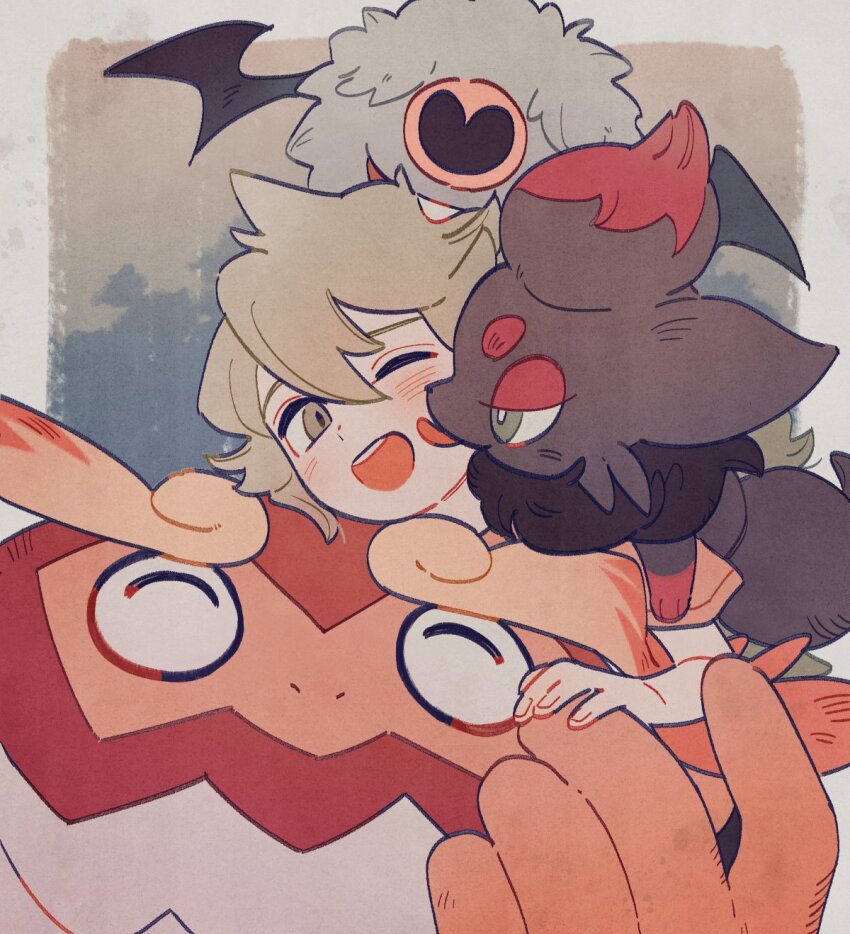 1boy ;d aged_down blush darmanitan gen_5_pokemon green_eyes green_hair highres licking licking_another&#039;s_face male_focus n_(pokemon) nintendo oharu-chan one_eye_closed open_mouth orange_shirt pokemon pokemon_(creature) pokemon_bw shirt short_sleeves smile t-shirt teeth upper_teeth_only woobat zorua