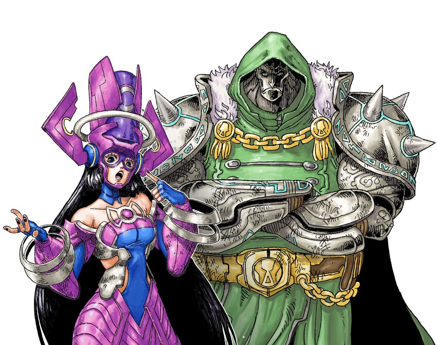 1boy 1girl black_hair crossed_arms doctor_doom eiichiroyoda galacta gloves helmet highres long_hair marvel marvel_rivals multicolored_helmet oda_eiichirou_(style) open_mouth purple_eyes purple_helmet shoulder_spikes spikes very_long_hair white_background