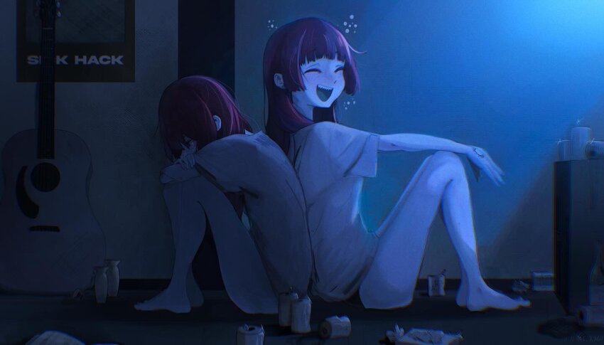 1girl beer_can bocchi_the_rock! can clone closed_eyes crying drink_can drunk english_text guitar hiroi_kikuri indoors instrument kingu_(whalekingu) knees_up laughing long_hair messy_room open_mouth poster_(object) purple_hair sharp_teeth sitting teeth upper_teeth_only