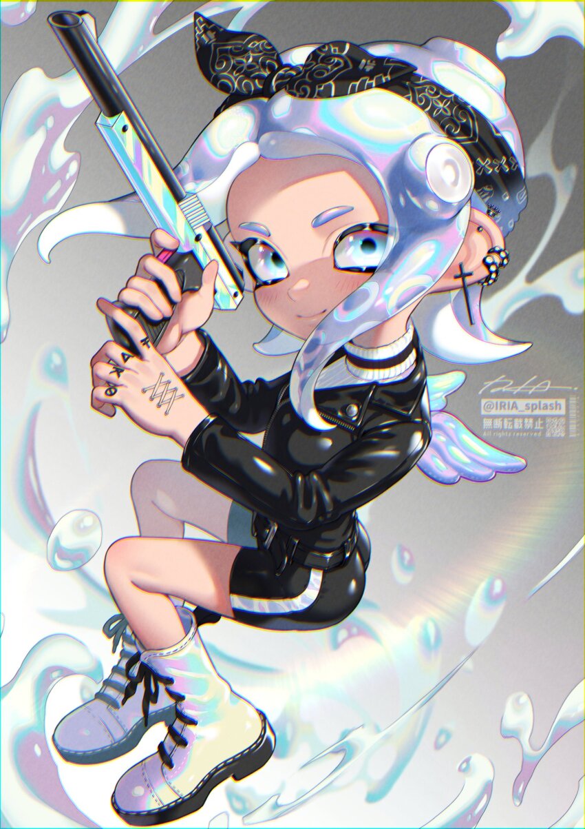 1girl angel_wings artist_name ass bandana bike_shorts black_bandana black_jacket black_shorts blue_eyes blue_hair boots chromatic_aberration closed_mouth commentary_request cross cross_earrings earrings finger_tattoo full_body gradient_eyes grey_background highres holding holding_weapon invisible_chair iria_(yumeirokingyo) jacket jewelry leather leather_jacket long_sleeves looking_at_viewer medium_hair mini_wings multicolored_eyes multicolored_hair multiple_earrings n-zap_(splatoon) nintendo octoling octoling_girl octoling_player_character parted_bangs pink_eyes pink_hair ribbed_sweater shorts sitting smile solo splatoon_(series) stud_earrings sweater tattoo tentacle_hair turtleneck turtleneck_sweater weapon white_boots white_sweater wings yellow_eyes