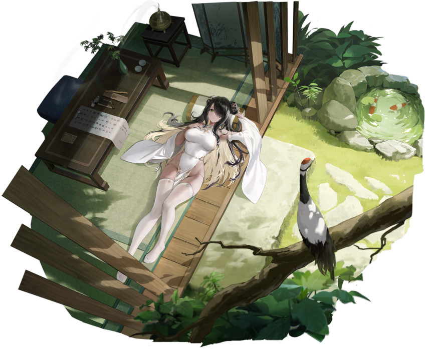 1girl absurdres armpits azur_lane black_hair blonde_hair breasts china_dress chinese_clothes colored_inner_hair dark-skinned_female dark_skin detached_sleeves double_bun dress feet from_above green_eyes groin hair_bun hair_over_one_eye haori_io highres large_breasts legs logo long_hair looking_at_viewer lying multicolored_hair no_panties no_shoes non-web_source northampton_(azur_lane) northampton_ii_(azur_lane) northampton_ii_(comfy_crane_amidst_the_clouds)_(azur_lane) official_art on_back parted_lips pelvic_curtain pillow scroll see-through_clothes see-through_thighhighs solo thighhighs toes white_dress white_sleeves white_thighhighs