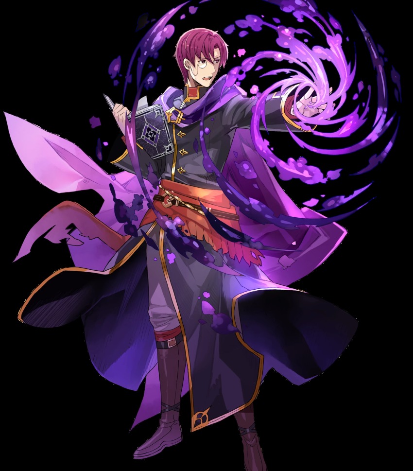 1boy belt book boots canas_(fire_emblem) cape fire_emblem fire_emblem:_the_blazing_blade fire_emblem_heroes full_body highres male_focus monocle nintendo official_art open_mouth purple_eyes purple_hair solo teeth tobi_(kotetsu) transparent_background