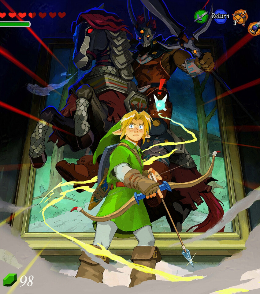 ! 2boys arrow_(projectile) barding behind_another blonde_hair blue_eyes boots boss_fight bow_(weapon) brown_boots duckgoose gauntlets green_hat green_tunic hat heads-up_display highres holding holding_polearm holding_weapon horseback_riding lance link mask multiple_boys navi nintendo painting_(object) parted_bangs phantom_ganon polearm riding the_legend_of_zelda the_legend_of_zelda:_ocarina_of_time through_medium tunic user_interface weapon