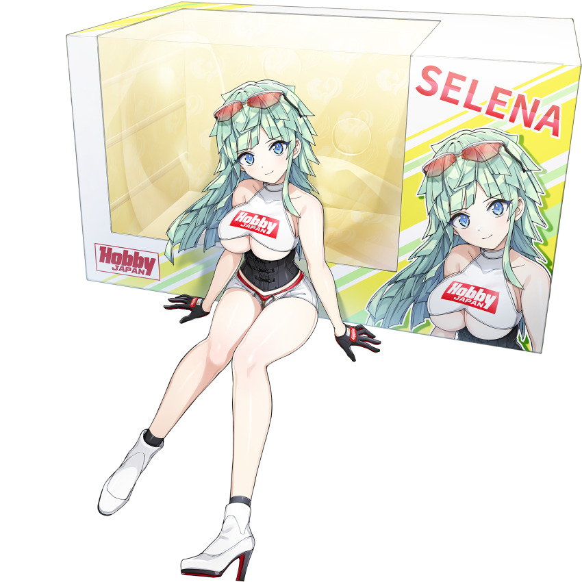 black_gloves black_vest blue_eyes box breasts cleavage_cutout clothing_cutout dolphin_wave game_cg gloves green_hair high_heels highres kishimen_hair large_breasts long_hair looking_at_viewer micro_shorts non-web_source official_alternate_costume official_art ootomo_takuji panties red_panties selena_lewis shorts sitting smile transparent_background underboob underboob_cutout underwear vest white_shorts white_vest
