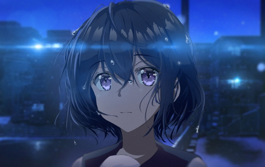 17sai 1girl black_hair blurry blurry_background closed_mouth commentary_request depth_of_field double-parted_bangs expressionless film_grain grey_eyes hair_between_eyes highres long_bangs looking_at_viewer night original outdoors portrait short_hair solo water_drop wet wet_hair