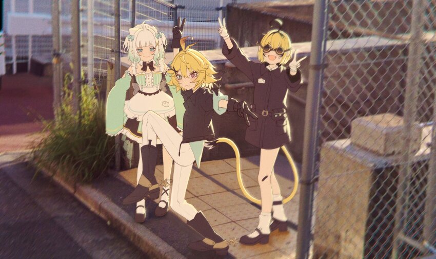 3girls ahoge antenna_hair apron arm_up asymmetrical_legwear black_bow black_bowtie black_coat black_footwear black_gloves black_hair black_jacket blonde_hair blue_bow blue_eyes blue_shirt blunt_bangs boots bow bowtie chain-link_fence closed_mouth coat commentary crossed_bangs detached_collar detached_sleeves dokibird_(vtuber) dokibird_(vtuber)_(bounty_hunter) dooby_(vtuber) double_v dress english_commentary fang fence frilled_sleeves frills full_body gloves goggles gradient_hair green_dress green_hair green_sleeves hair_between_eyes hair_bow hair_ornament hand_up heterochromia high_school_girls_posing_for_google_street_view_(meme) highres indie_virtual_youtuber jacket jerboa_tail leg_up long_sleeves looking_at_viewer meme mint_fantome mismatched_legwear multicolored_hair multiple_girls open_mouth outdoors pants photo_background red_eyes shirt shoes short_eyebrows short_hair single_sock single_thighhigh skin_fang three-quarter_sleeves sleeves_past_fingers sleeves_past_wrists smile socks spurs standing standing_on_one_leg streaked_hair tactile_paving tail thighhighs triangular_headpiece two_side_up v virtual_youtuber waist_apron white_apron white_gloves white_hair white_pants white_socks white_thighhighs x_hair_ornament yubbiidraw