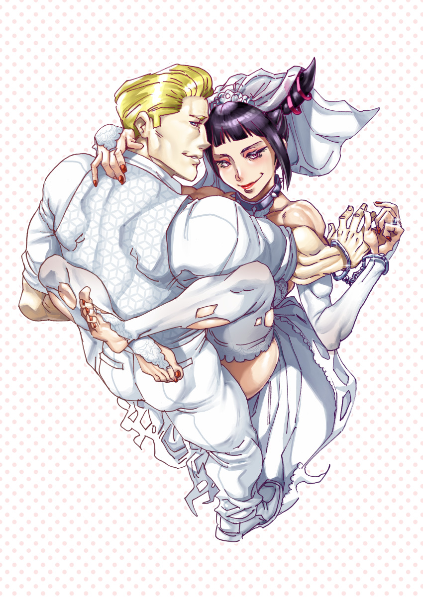 1boy 1girl aarokira absurdres blonde_hair carrying carrying_person cody_travers collar cuffs detached_sleeves dress formal_clothes han_juri handcuffs hetero highres https://www.aarokira.com/posters hug jacket looking_at_viewer looking_back muscular muscular_male non-web_source red_nails smile spiked_collar spikes street_fighter street_fighter_v suit toned toned_female torn_clothes veil vest wedding_dress wedding_suit white_jacket white_vest