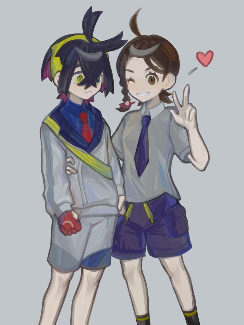1boy 1girl black_hair black_socks blue_necktie blue_shorts braid brown_eyes brown_hair closed_mouth crossed_bangs gloves grey_background grin hairband heart highres juliana_(pokemon) kieran_(pokemon) mih_nguynn necktie nintendo one_eye_closed partially_fingerless_gloves pokemon pokemon_sv purple_hair red_gloves school_uniform shirt shorts simple_background single_glove smile socks uva_academy_school_uniform w yellow_eyes yellow_hairband