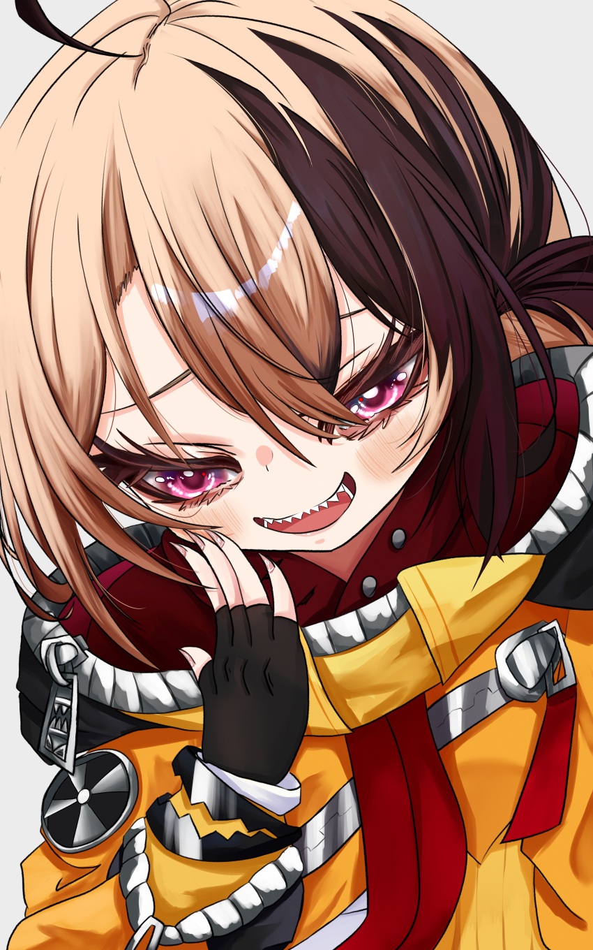 1girl absurdres ahoge black_gloves blonde_hair blush brown_hair fingerless_gloves gigi_murin gigi_murin_(1st_costume) gloves highres hololive hololive_english medium_hair multicolored_hair orange_shrug pink_eyes sharp_teeth shrug_(clothing) smile solo soru_(soruu) teeth two-tone_hair two_side_up virtual_youtuber white_background