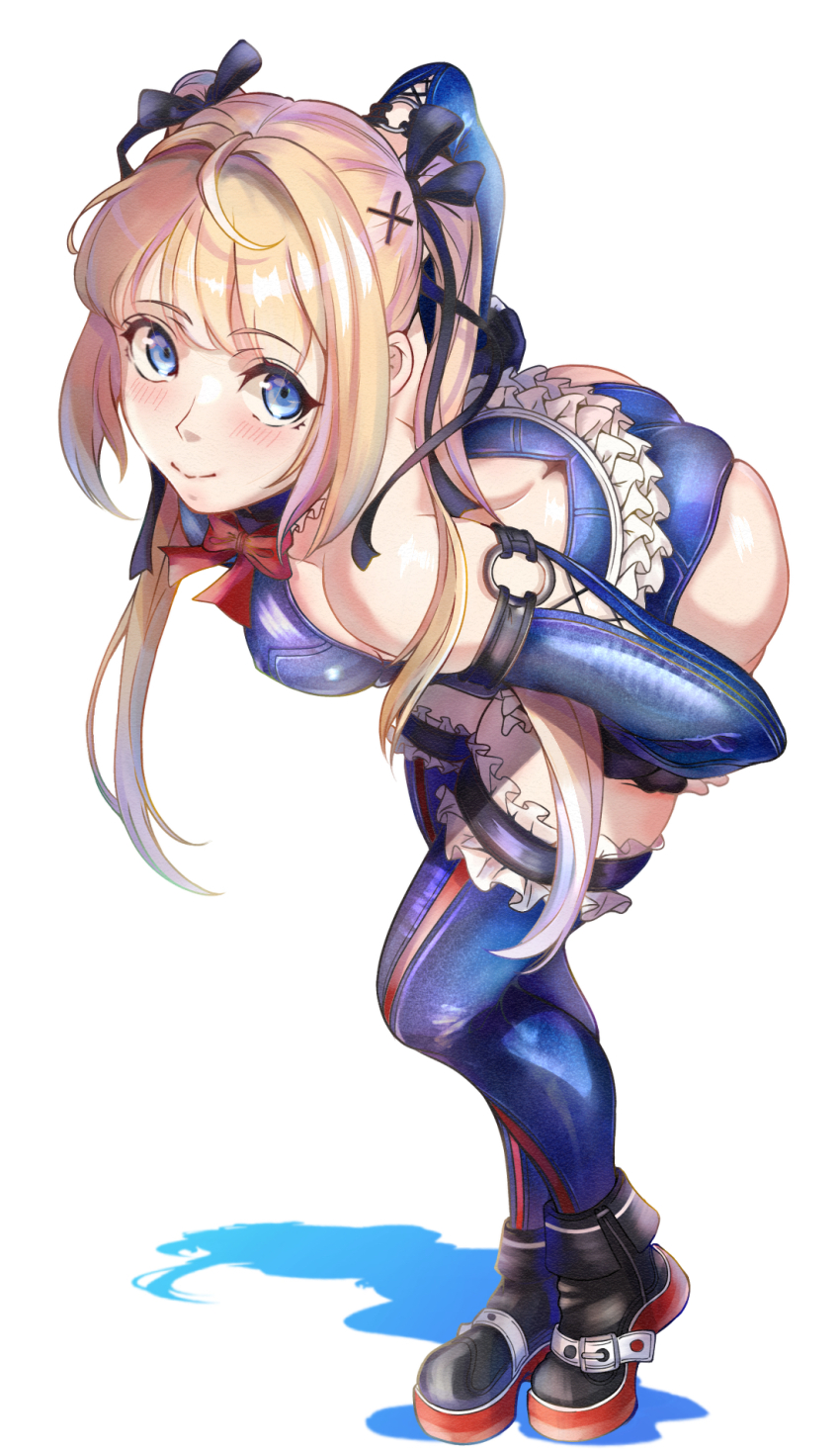 1girl ass bare_shoulders black_ribbon blonde_hair blue_eyes blue_one-piece_swimsuit blue_thighhighs blush boots breasts casual_one-piece_swimsuit covered_erect_nipples covered_navel dead_or_alive dead_or_alive_5 dead_or_alive_6 detached_sleeves frilled_one-piece_swimsuit frills gloves hair_ornament hair_ribbon highres long_hair looking_at_viewer marie_rose marie_rose_(devilish_servant_against_the_splashing_waves) one-piece_swimsuit ribbon shadow small_breasts solo swimsuit take_(pixiv58784208) thighhighs twintails white_background x_hair_ornament