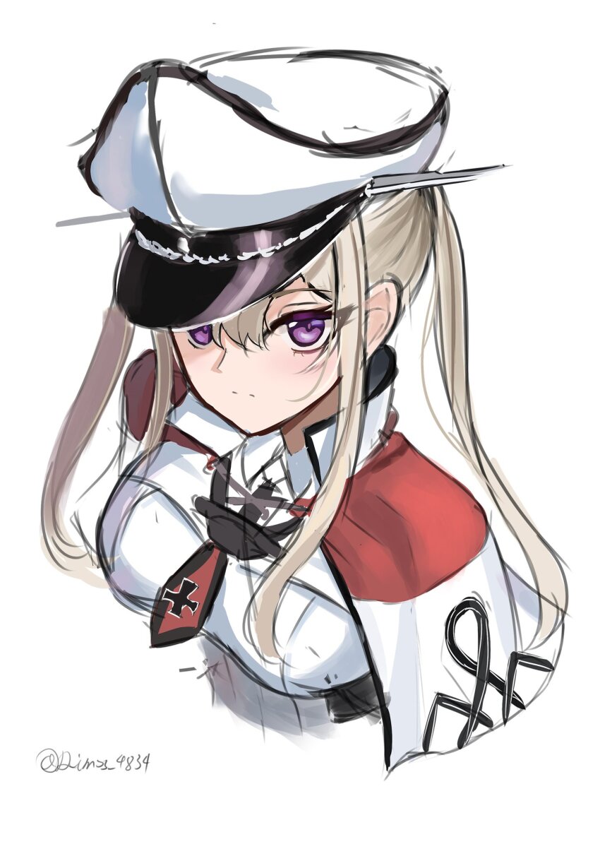 1girl black_necktie blonde_hair breasts capelet cross dimos_(dawn_1945) graf_zeppelin_(kancolle) hat highres iron_cross kantai_collection large_breasts looking_at_viewer military military_hat necktie peaked_cap purple_eyes red_capelet twintails upper_body white_capelet