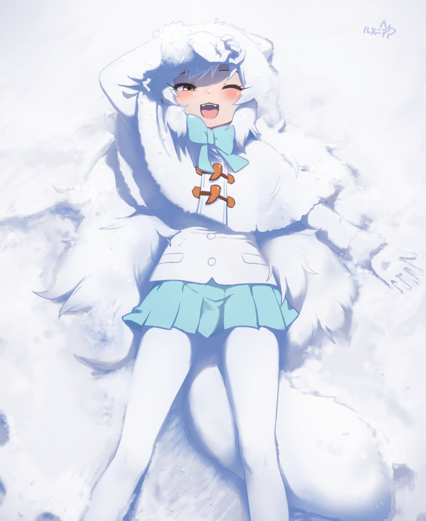1girl animal_ears arctic_fox_(kemono_friends) blue_bow blue_bowtie blue_skirt blush bow bowtie capelet coat fangs fox_ears fox_girl fox_tail fur_collar fur_trim gloves hair_between_eyes highres kemono_friends long_hair looking_at_viewer lying on_back one_eye_closed open_mouth orange_eyes pantyhose pleated_skirt rumenia_(ao2is) shading_eyes sidelocks skirt smile snow solo tail white_capelet white_coat white_fur white_gloves white_pantyhose winter_clothes winter_coat